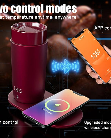 LEGARDLILIU Temperature Control Heated Coffee Mug Smart Self Heating Travel Mug 12 Oz App Controlled Warmer Mug 4-10 Hour LED Display Keep Coffee Hot Fast Wireless Charger Base Rogue red