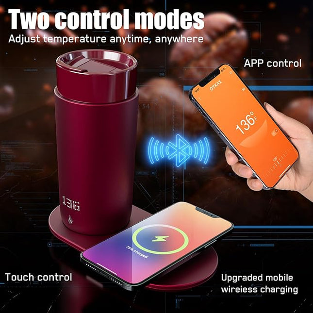 LEGARDLILIU Temperature Control Heated Coffee Mug Smart Self Heating Travel Mug 12 Oz App Controlled Warmer Mug 4-10 Hour LED Display Keep Coffee Hot Fast Wireless Charger Base Rogue red