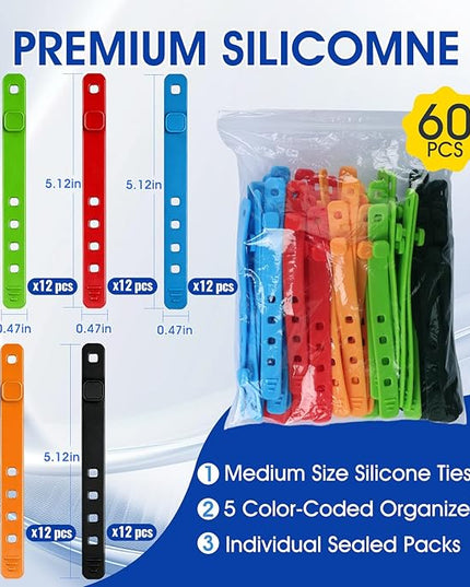 AROIC 60Pcs Silicone Cable Ties, 5-Colors Reusable Cord Organizer for Phone Charger & Data Cables - Home Office Travel Essentials, Under Desk Cable Management, Wire Holder for Computer, Kitchen