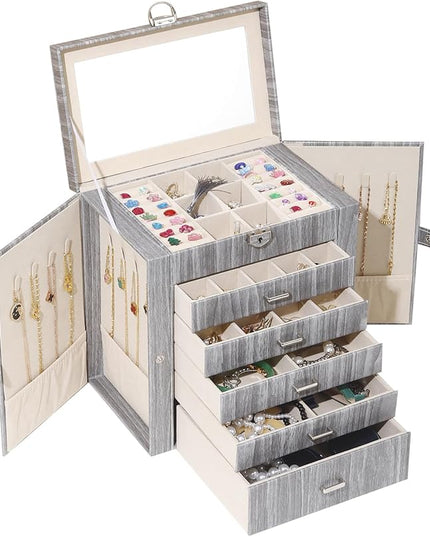 BOOVO Jewelry Box For women, 6 Layer Large Jewelry Organizer With Mirror, Accessory Holder With 5 Drawers, For Earrings Necklace Ring Bracelet (woodgrain grey)