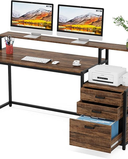 Tribesigns 63 Inch Computer Desk with File Drawer Cabinet, Ergonomic Office Desk with Monitor Stand, Industrial Computer Table with Printer Space, Wood PC Table Workstation Desk for Home Office