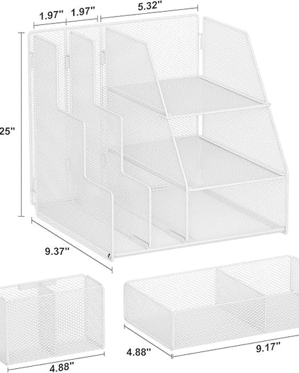 Marbrasse Desk Organizer and Accessories, 3-Tier File Organizer with Drawer and Pen Holder, Small Desktop Organizer and Storage for Workspace Office Supplies White