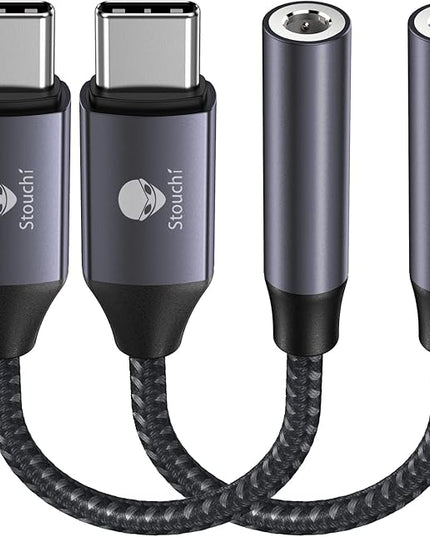 Stouchi USB C to 3.5mm Audio Adapter (2 Packs) Type C Headphone Dongle Jack Cable Cord Hi-Fi DAC Chip for iPhone 17/16 /15, Pixel 9/8 /7/6, iPad, Samsung Galaxy S25 S24 S23 Ultra - Grey