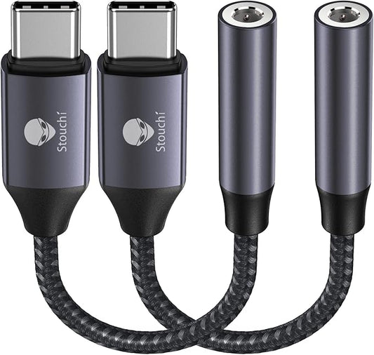 Stouchi USB C to 3.5mm Audio Adapter (2 Packs) Type C Headphone Dongle Jack Cable Cord Hi-Fi DAC Chip for iPhone 17/16 /15, Pixel 9/8 /7/6, iPad, Samsung Galaxy S25 S24 S23 Ultra - Grey