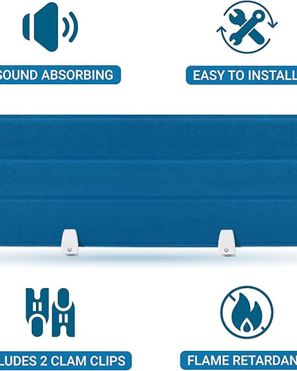 Desk Divider Panel, 34.6" x 11.8", Blue – Clamp-On with 2 L-Clips, Soundproof Noise Reducing Privacy Screen for Office or Home Desk, High Quality Polyester