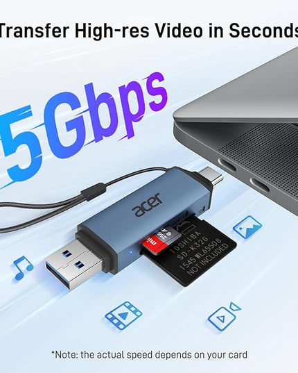 Acer SD Card Reader USB C, Dual Slots USB 3.0 Type C to Micro SD Card Adapter, Memory Card Reader for MicroSD, SDHC, SDXC, Compatible with Laptop, PC, iPhone16/15, MacBook, iPad Pro, Android-Midnight