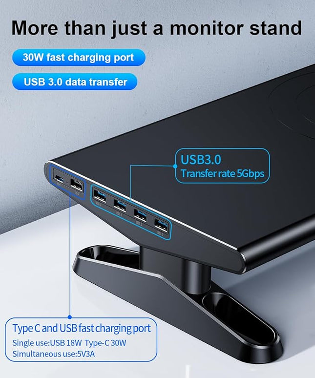 Computer Monitor Stand Riser for Desk with Usb Hub Charging,30W/5Gbps Usb C Docking Station with Power,4.5-6.3''Freely Height Adjustable with Phone Holder,Monitor Stands Riser for PC,Laptop,Printer,TV