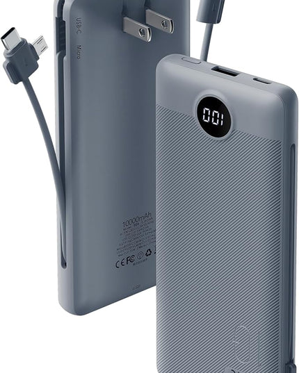 VRURC Portable Charger Built-in Cables and AC Wall Plug, USB C Power Bank 10000mAh, Travel Battery Portable Phone Charger Compact Lightweight External Battery Pack for Smart Phones, Tablets etc-Grey