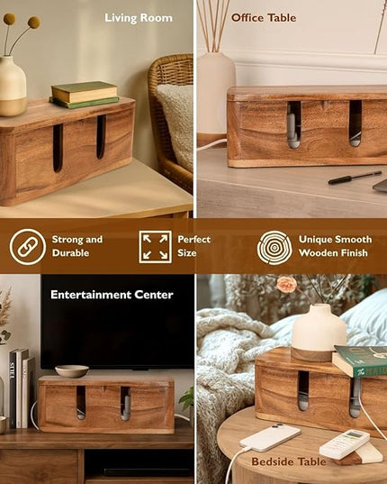 Cable Management Box & Cord Organizer- Cable Organizer for Desk, Home, Office. Hides Wires, Surge Protectors, Power Strips. Eco Friendly Mango Wood Cord Management Solution (Natural Acacia)