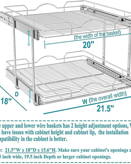 OCG 2 Tier Pull Out Cabinet Organizer (21.5" W x 18" D), Pull Out Shelves for Kitchen Cabinets, Slide Out Pantry Shelves for Base Cabinet Organization in Kitchen Bathroom Pantry, Chrome Finish
