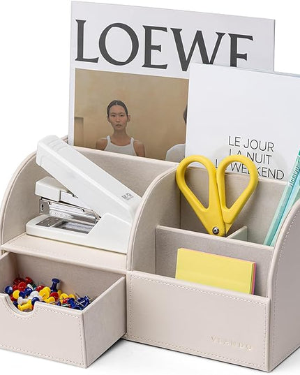 Vlando Office Desk Organizer Leather Desktop Organizer Caddy with Drawer for Storing Desktop Supplies and Accessories (White)