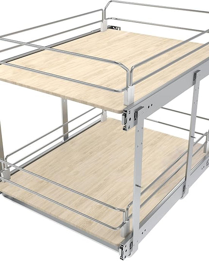 2 Tier Pull Out Cabinet Organizer 18" W X 22" D, Slide Out Drawers For Kitchen Cabinets, Pull Out Drawers For Cabinets Capacity Heavy Duty Caddy, Cabinet Pullout Shelves Wood Chrome, Pantry Storage
