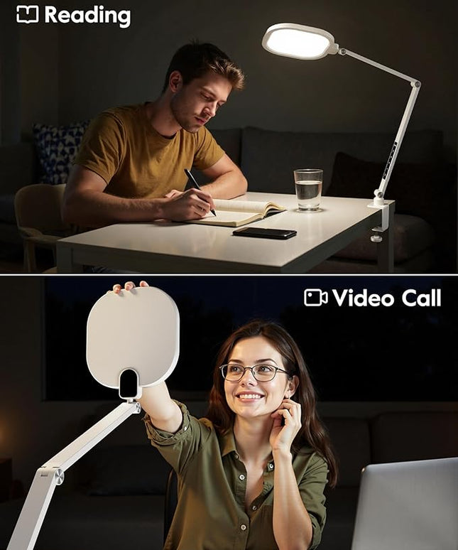 Led Desk Lamp with Clamp, 1200LM Dimmable Home Office Desktop Light, 3000k-6500k Adjustable Swing Arm Ring Light for Video Conference, Study, Reading, Zoom Calls, Streaming (White)