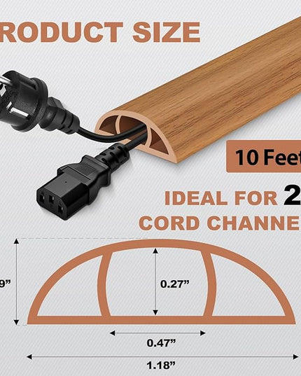 Floor Cord Cover for Wires on Floor Self Adhesive Cord Hider Floor Cable Management Wire Covers for Cords Protector Prevent Cable Trips Cord Cavity W 0.47" x H 0.27", Brown Wood, 10Ft