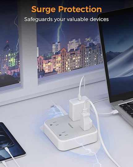10 FT Surge Protector Power Strip, TESSAN Extension Cord Flat Plug with 4 Widely Outlets Extender, Indoor Desk Charging Station with Surge Protection for Home, Office Supplies, Dorm Room Essentials