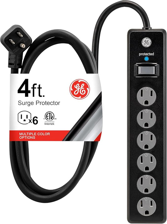 GE Surge Protector Power Strip, 4 Ft Extension Cord, 6 Outlet Extender, 800 Joules, Flat Plug, Twist-to-Close Safety Covers, ETL Listed, Black, 33659