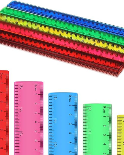 Zonon 50 Pcs 6 Inch/12 Inch Plastic Rulers Bulk Flexible Straight Rulers with Inches Centimeters First Day of School Gift Students Back to School Office Home Supplies(Clear Colorful,12 Inch)