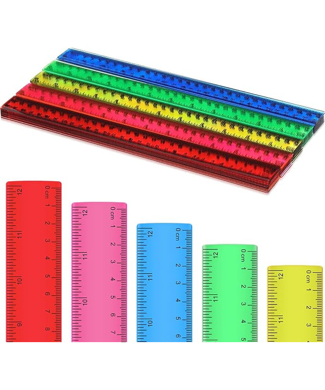 Zonon 50 Pcs 6 Inch/12 Inch Plastic Rulers Bulk Flexible Straight Rulers with Inches Centimeters First Day of School Gift Students Back to School Office Home Supplies(Clear Colorful,12 Inch)