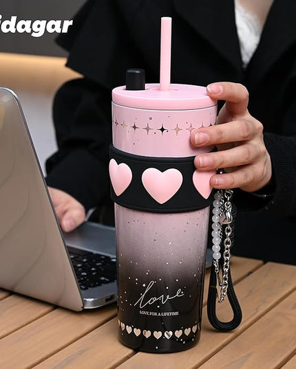 24 oz Stainless Steel Tumbler with Lid and Straw, Insulated Coffee Mug, Leak Proof, Portable Iced Travel Water Bottle, Reusable Thermal Coffee Cup Gift for Women, Pink