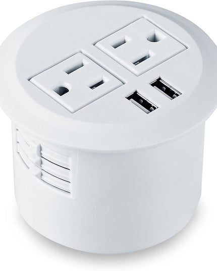 Desktop Power Grommet Power Outlet Socket Desk Data Center 2 Outlet with 2 USB Ports with 10 FT Extension Cord(White)