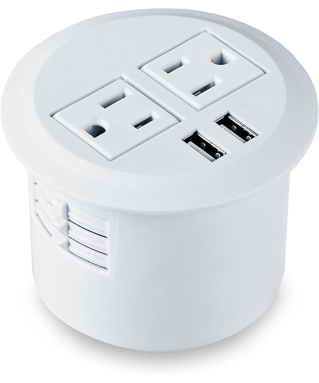 Desktop Power Grommet Power Outlet Socket Desk Data Center 2 Outlet with 2 USB Ports with 10 FT Extension Cord(White)