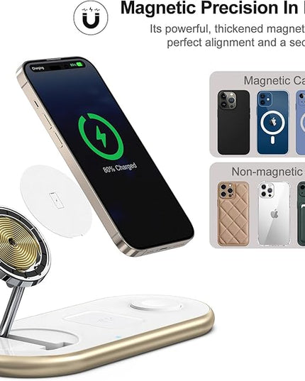 Magnetic Charging Station, 3 in 1 Faster Mag-Safe Wireless Charger Stand, Wireless Charging Pad for Apple Devices, iPhone 17/16/15/14/13/12 Series, iWatch Series, AirPods (Golden)