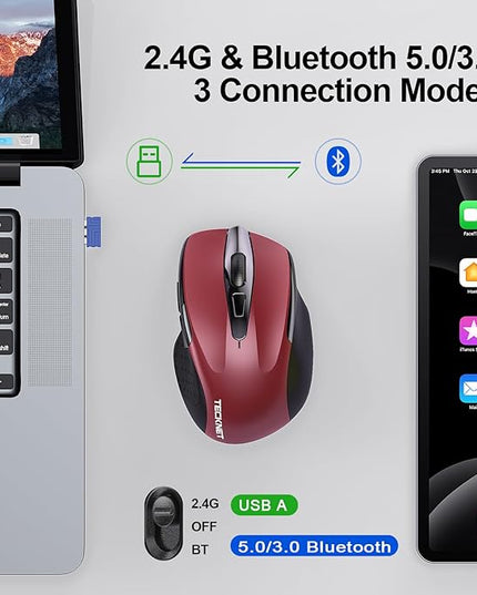 TECKNET Wireless Mouse (BT5.0/3.0 & 2.4G) Rechargeable 4800 DPI Silent USB A & Bluetooth Mouse 6 Buttons, Wide Compatibility - Red