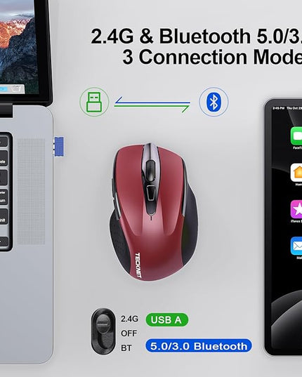 TECKNET Wireless Mouse (2.4G & BT5.0/3.0) Silent 4800 DPI Computer USB A & Bluetooth Mouse 6 Buttons, Wide Compatibility - Red