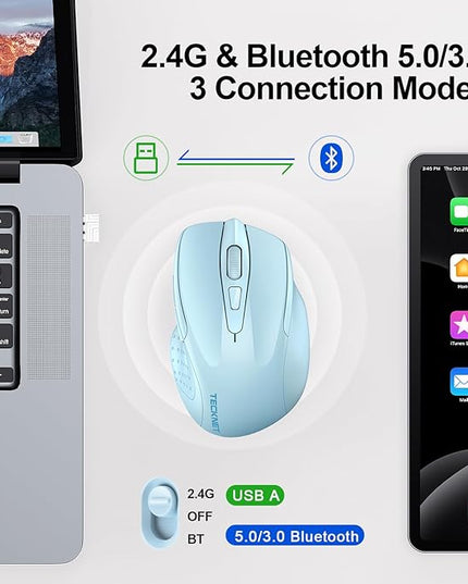 TECKNET Wireless Mouse (BT5.0/3.0 & 2.4G) Rechargeable 4800 DPI Silent USB A & Bluetooth Mouse 6 Buttons, Wide Compatibility - Lightblue