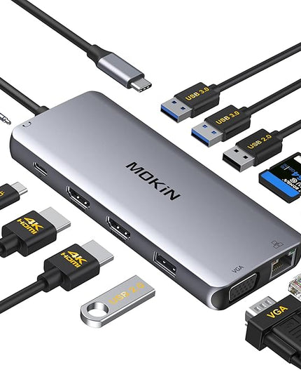 USB C Docking Station Dual Monitor, Dual HDMI Adapter 12 in 1 Triple Display USB C Hub with VGA, Gigabit Ethernet, 100W PD, 4 USB Ports, SD/TF