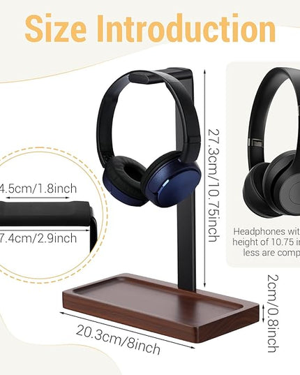 Fiwochic Walnut Wood Headset Holder, Desktop Headphone Stand, Universal Headphone Holder with Storage Base for Gaming, Music Headsets