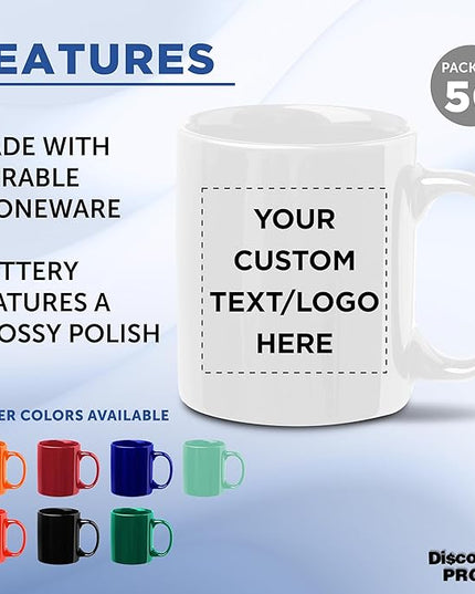 Custom Ceramic Coffee Mugs 11 oz. Set of 50, Personalized Bulk Pack - Coffee cup set, Iced coffee cup, Gaming mug - White