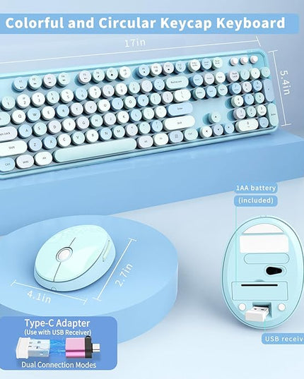 Wireless Keyboard and Mouse Combo, Ergonomic Full Size Typewriter Retro Round Keycaps Keyboard, Compatible with Windows, PC, Perfer for Home and Office Keyboards (Blue