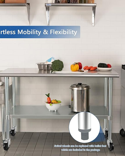 HARDURA Stainless Steel Table with Wheels 30 x 72 Inches Casters NSF Heavy Duty Commercial Prep Table with Undershelf and Galvanized Legs for Food Prep