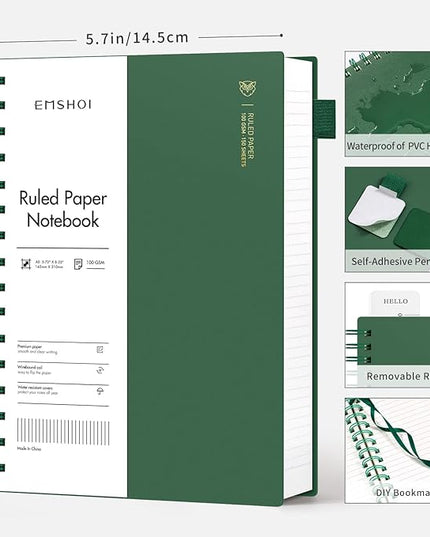 EMSHOI A5 Spiral Notebook College Ruled Lined Journal, Small 5.7" X 8.22", 300 Pages/150 Sheets, 100gsm Thick Paper, Waterproof Hardcover, for Office School Women Men Work Writing Notes, Green
