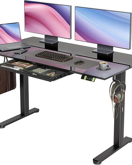 INNOVAR Glass Standing Desk with Drawers, 55×24 Inch Adjustable Stand Up Desk, Quick Install Home Office Computer Desk, Black