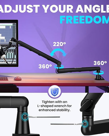 CAHAYA Mic Stand Boom Arm - Low Profile Adjustable Microphone Arm Stand with 3.5" Extension Pole Desk Clamp Screw Adapter for Streaming Gaming Compatible with Blue Yeti Shure SM58 SM48 Fifine K669B