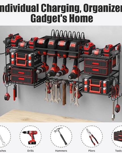 CCCEI Black Power Tool Organizer Wall Mount, Large Tools and Battery Storage Rack Charging Station Individual Switches. Drills Holder, Garage Utility Shelves with 6FT Power Strip. Gift for Men.