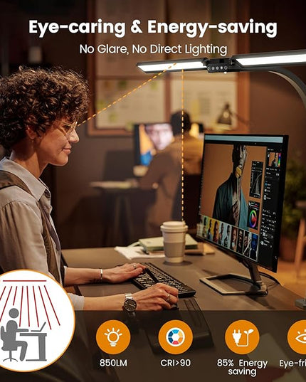LED Desk Lamp for Home Office - Remote Control Desk Light Computer Lamp with clamp, 22W, Dimmable, Color Changing, Touch Control, Height Adjustable, Black Table Task Light Bar for Work