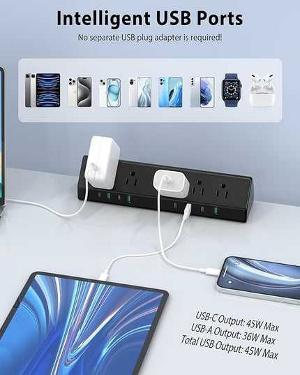 45W Fast Charging Station,Desk Clamp Power Strip,4 PD USB-C Ports,5 AC Outlets,Surge Protector Power Strip, 14AWG Heavy Duty Cord, Fits 1.9" Tabletop Edge (Black, 10 FT Cable)