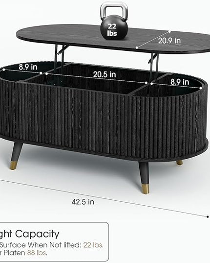JOINICE 42.5" Oval Lift Top Coffee Table with Storage, Mid Century Modern Black Center Table with Fluted Panel, Solid Wood Legs & Hidden Compartment for Living Room