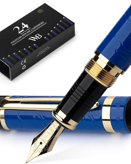 Wordsworth & Black Primori Fountain Pen Set [Blue Gold]; Fine Nib, Gift Case, 24 Ink Cartridges, Refill Converter, Manual; Journaling, Calligraphy, Smooth Writing Pens; Left and Right Handed