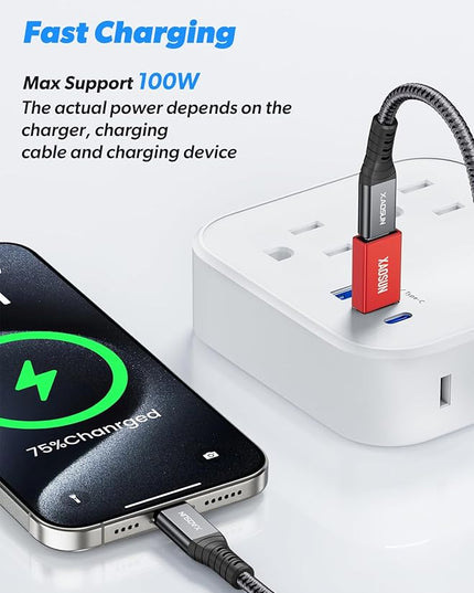 XAOSUN 10Gbps USB to USB C Adapter 3 Pack, 3.1 USBC Female to USB Male Adapter, One-Sided SuperSpeed Data Sync, 100W Fast Charging for iPhone 16 15 14 13, Laptop, Charger, Quest Link, etc, Red