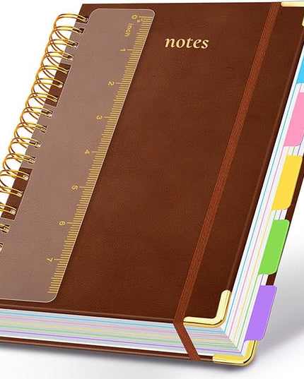 Hardcover Spiral Notebook 6.2"x 8.2" Journal Notebook with Tabs and Removable Dividers 300 Pages 5 Subject Notebook College Ruled, Faux Leather Spiral Bound Notebook for Women School Work (Brown)