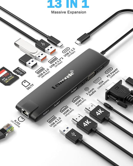 Lemorele 13-in-1 USB C Docking Station with Triple Display, 2X 4K HDMI, VGA, 100W PD, 6 USB Ports (incl. USB-C 3.2), Gigabit Ethernet, SD/TF Reader, 3.5mm Audio for MacBook/Windows