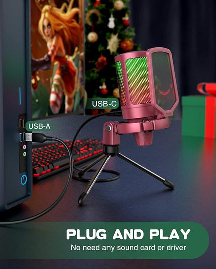 FIFINE AmpliGame PC Gaming Streaming USB Microphone, RGB Desktop Microphone for Computer/Mac/PS4/PS5, Podcast, Recording, TikTok, Game Chat, Condenser Mic with Pop Filter, Shock Mount - Red