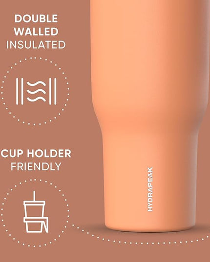 Hydrapeak Voyager 40 Oz Stainless Steel Tumbler with Handle, Insulated Water Bottle With Straw & Lid, Cupholder Friendly Reusable Travel Mug (Apricot Crush)