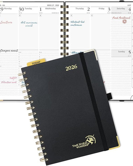 POPRUN 2026 Planner (Medium Size 8.5'' x 6.25'' Wire-Bound Hard Cover) Daily Weekly and Monthly Calendar - Agenda 2026 (Jan.2026-Dec.2026) with Hourly Schedule, Monthly Tabs - Black