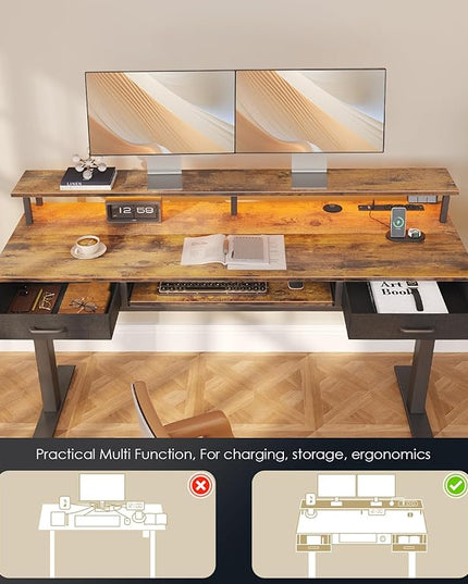 OffiGo Electric Standing Desk with Drawers & Keyboard Tray, 63 Inch Height Adjustable Desk with Power Outlets & LED Lights, Sit Stand Table with Monitor Stand for Home, Office, Rustic Brown