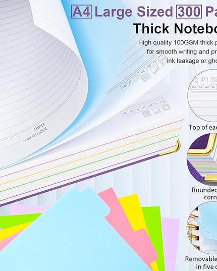 Hardcover Spiral Notebook 8.5"x11" Journal Notebook with Tabs and Removable Dividers 300 Pages 5 Subject Notebook College Ruled, Faux Leather Spiral Bound Notebook for Women School Work (Purple)